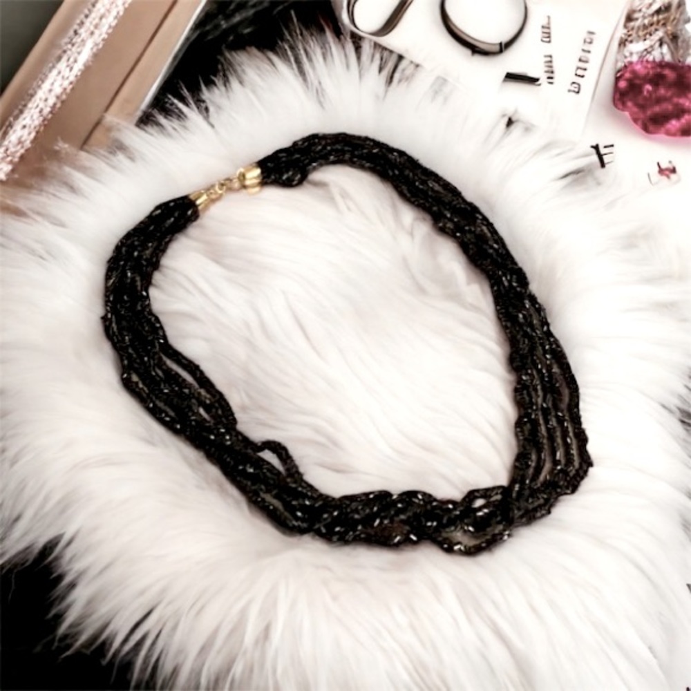 Vintage Antique Black Multi Strand Beaded Clusters Chunky Statement Necklace